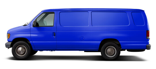 Fototapeta na wymiar Classic American dark blue cargo van. Side view on a transparent background in PNG format.