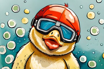 illustrated funny yellow duckling wearing a red helmet and goggles on a blue background. Generative AI
