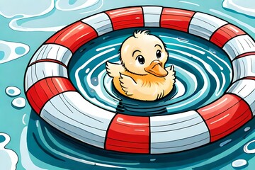 illustrated yellow duckling swimming in the water in a swimming ring. Generative AI