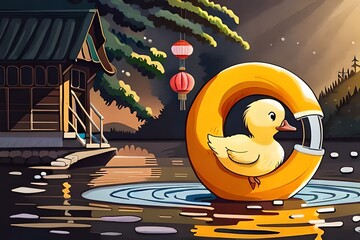 illustrated yellow cute duckling floating in an orange circle on the water in a Japanese garden. Generative AI