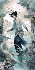watercolor male cultivator in white hanfu dancing underwater, mystic, dramatic, storybook illustration, action, cinematic, wallpaper, generative ai