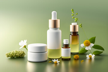 Fototapeta na wymiar Cosmetic jars with organic creams, serum and essential oil with wild herbs and flowers on green background. Concept of wild-harvested beauty and natural cosmetics based on a wild plant. Generative ai