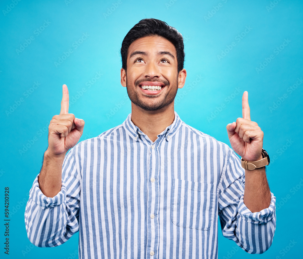 Aufkleber man is pointing up, marketing and promotion with happiness and branding isolated on blue background.
