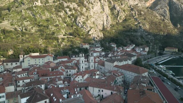 Aerial drone panning shot of the high St Tryphon Cathedral in Kotor.