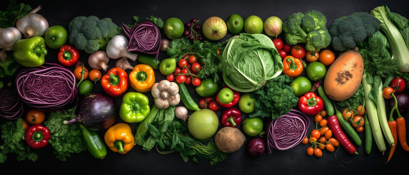 Group of vegetables, Top view with aesthetic arrangement, Black background.
