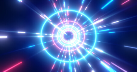 Obraz premium Abstract multi-colored energy futuristic hi-tech tunnel of flying circles and lines neon magic glowing background