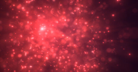 Obraz premium Abstract red energy particles and dots glowing flying sparks festive with bokeh effect and blur background