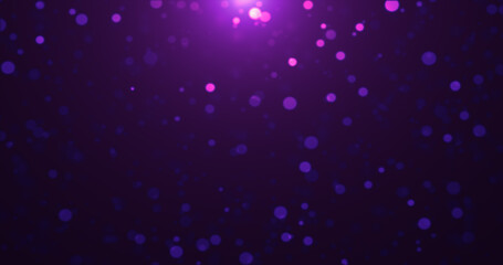 Abstract background of purple luminous particles and bokeh dots of festive energy magic