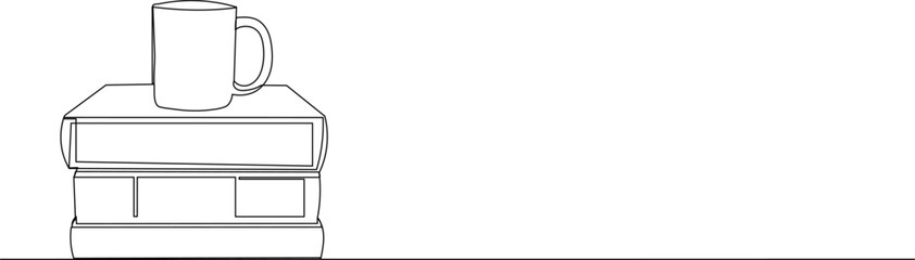 books and mug continuous line drawing isolated, vector