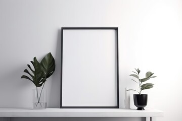 Blank wooden picture frame mockup in modern interior. Vertical template mock up for artwork, painting, photo or poster in interior design, generative AI