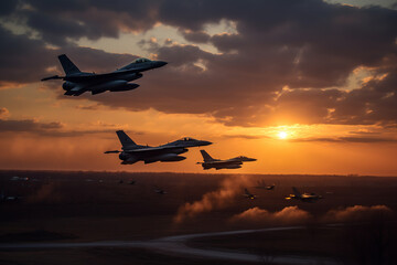 Naklejka na ściany i meble Fighter jets soaring in the vibrant sunset sky. Generative AI