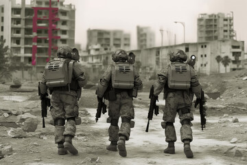Back view of soldiers special forces. Military concept of the future. Generative AI