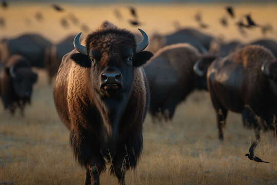 Majestic American Bison surrounded by a flock of European Starlings in a lush meadow. Generative AI