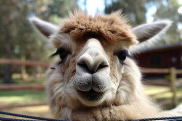 Obraz premium Cute llama face at rest in hammock. Generative AI