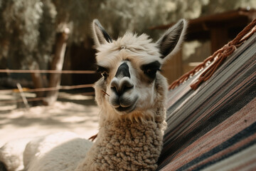 Cute llama face at rest in hammock. Generative AI