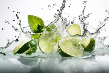 lime slices falling into water with splash and mint leaves on white background, Generative AI