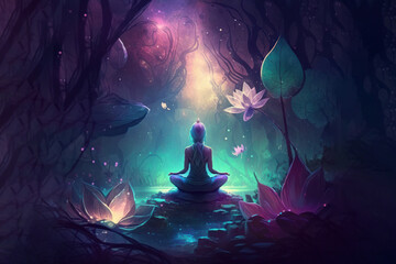 Meditation yoga in the lotus position on a beautiful fantasy colored background. Generative AI