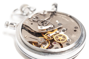 Mechanism, clockwork of a stopwatch close-up. Time, work concept