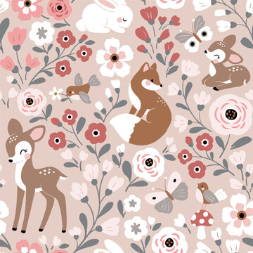 Seamless vector pattern with cute woodland animals and flowers. Cute fox, deer, rabbit, fawn, birds and butterfly on pink background. Perfect for textile, wallpaper or print design.