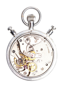 Mechanism, clockwork of a stopwatch close-up. Time, work concept