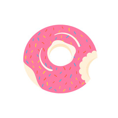 Pink Donut Inflatable Rubber Ring. Bitten-off glazed pink doughnut toy. Swimming Pool icon. Flat cartoon vector illustration isolated on white background
