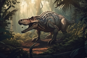 Extremely detailed and realistic illustration of dinosaur, t rex hunting in prehistoric jungle, generative AI