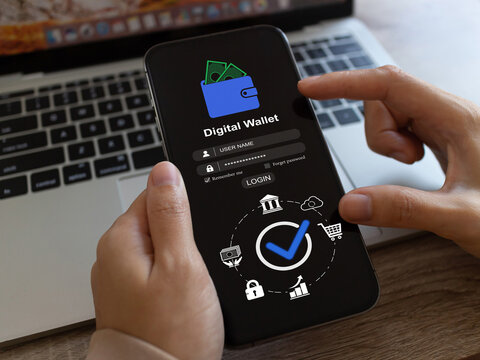 Digital wallet, Mobile banking. Digital and internet payments shopping on network, login password, data protection, secure internet access, cyberspace, financial.