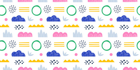 Obraz premium Abstrcat organic shape seamless pattern. Colorful geometric doodles. Nature random simple forms background in cutout style. Flat Contemporary texture design vector illustration