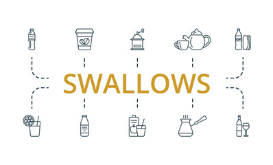 Swallows outline set. Creative icons: bottle of water, coffee to go, hand coffee grinder, tea, cola, lemonade, milk, juice, turks coffee, wine.