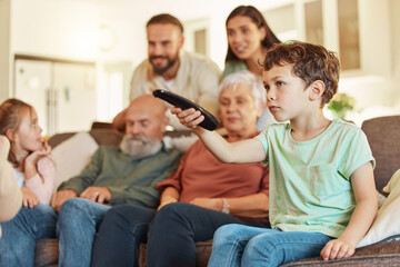 Grandparents, family tv and children in a home living room streaming a web series together. Senior people, kids and television remote watching a video on a lounge couch with a child film and movie
