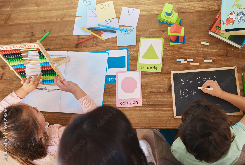 Poster learning, education and study with family at table from above for homework, home schooling and child