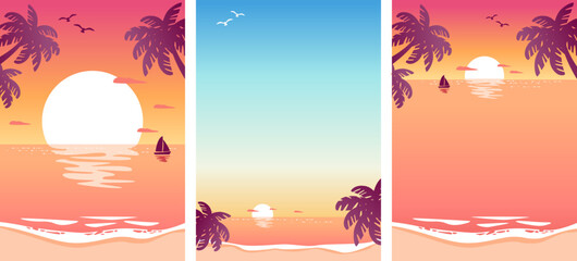 Sunset sea landscape banner set - obrazy, fototapety, plakaty