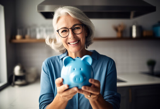 Smiling woman holding a piggy bank in her hands. The concept of happiness and satisfaction due to saving money. Generative ai