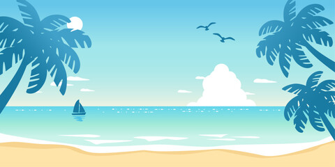 beach landscape with palm trees - obrazy, fototapety, plakaty