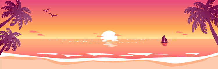 Fototapeta na wymiar Sunset beach landscape with palm trees