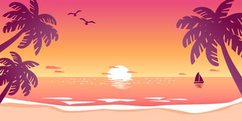 Fototapeta na wymiar Sunset beach landscape with palm trees