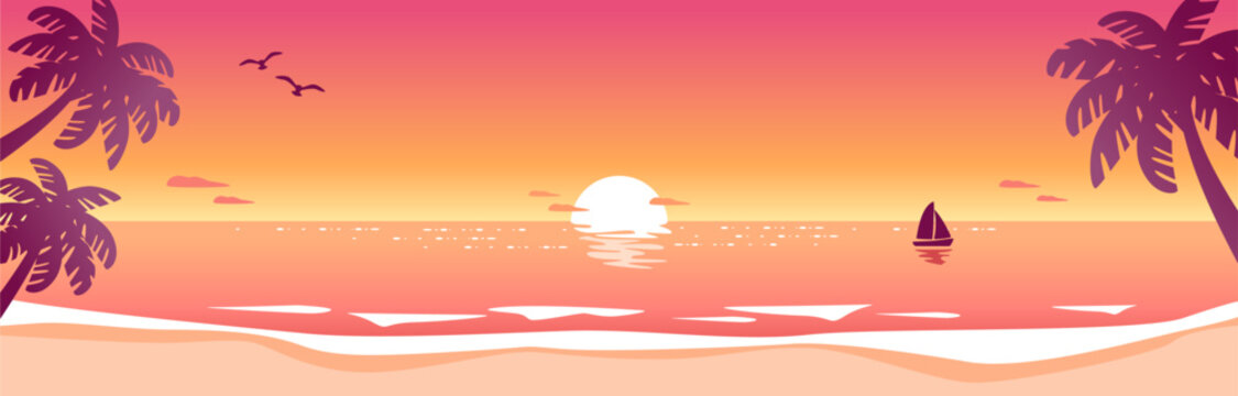 Sunset beach landscape with palm trees