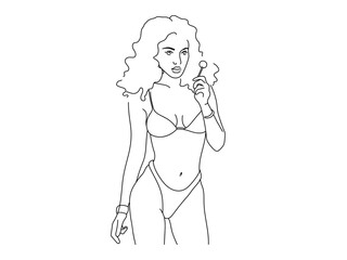 Girl in a summer swimsuit in line art style on a white background. Fashion model outline
