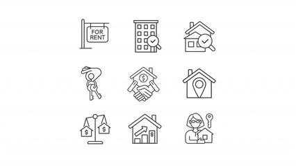 Rental property linear animation set. Real estate investing. Broker services. House search. Seamless loop HD video with alpha channel on transparent background. Animated outline icons