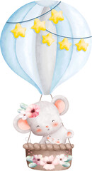 Watercolor illustration mom and baby mouse in hot air balloon