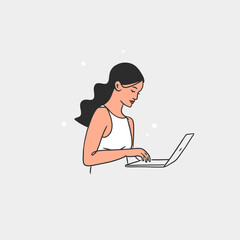 Hand drawn vector abstract line art cartoon illustration with young woman working on laptop in trendy line style. Beautiful female characters using laptop. Graphic freelance and businesswoman concept.
