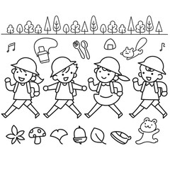 秋の遠足にでかける小学生の女の子と男の子