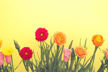 flat lay view of flowers on yellow background, generative ai 