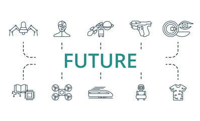 Fototapeta premium Future outline set. Creative icons: nanobot, cyborg, space tourism, hi-tech weapon, nano contact lenses, cybernetics, space drones, high speed train, personal robot, smart clothing.