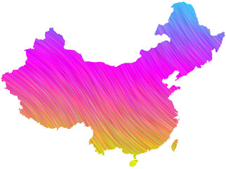 China map in colorful halftone gradients. Future geometric patterns of lines abstract on transparent background.