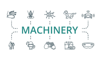 Machinery outline set. Creative icons: optogenetics, holographic, bionic eye, hi-tech toys, driverless car, exoskeleton suit, virtual reality, prosthetics, 3d printing, hololens.
