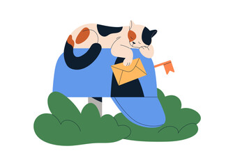 Cat sleeping on postbox. Cute funny kitty sleeping on post box, letterbox with envelope. Letter, mail, message correspondence concept. Cute Flat vector illustration isolated on white background