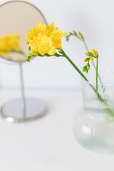 Yellow freesia flowers in a glass vase on the white table. Selective focus. Close up