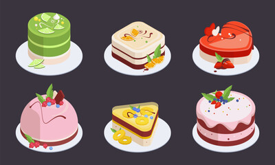 Isometric cakes. Chocolate or vanilla frosting cakes with fruits, birthday party baked cakes 3d vector illustration set