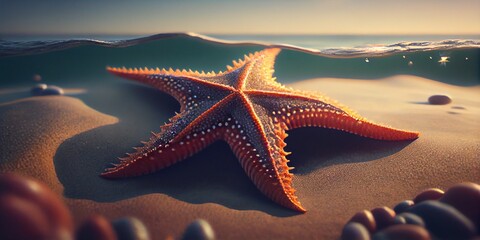 Fototapeta na wymiar Starfish and seashell on the summer beach in sea water. Summer time. Ai generative